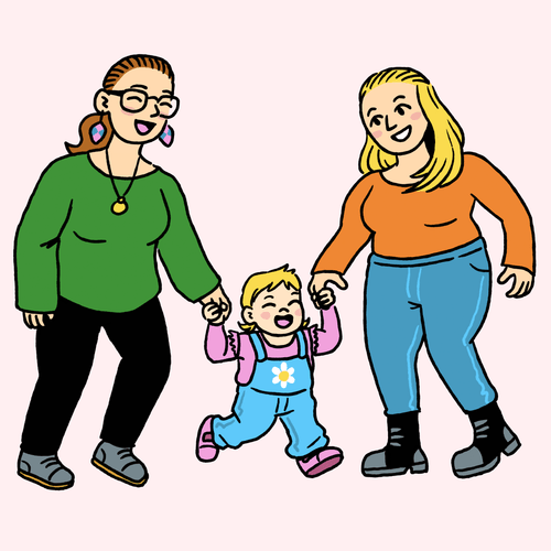 Illustration of two parents holding hands with a young child, representing family life, caregiving and parental leave.