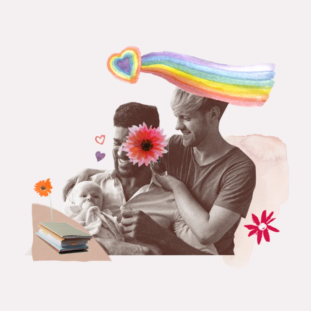 Collage of two fathers holding their baby, surrounded by rainbow artwork, hearts, flowers and books, celebrating LGBTQIA+ families and new parenthood.