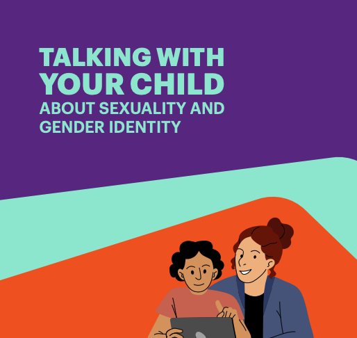 Illustrated cover for a guide about talking with children about sexuality and gender identity, featuring a parent and child sitting together using a tablet.