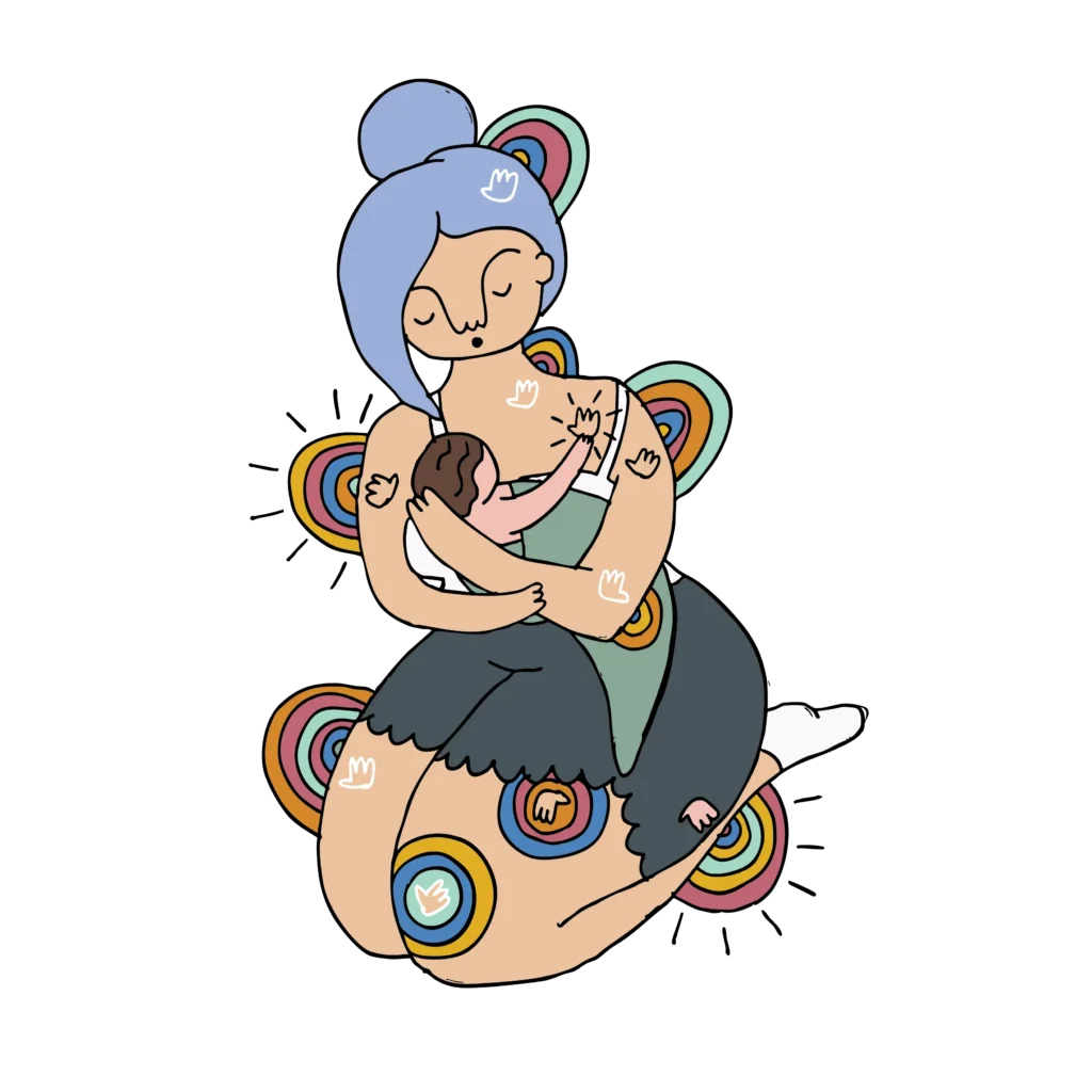 Illustration of a parent cuddling and nurturing a baby, representing bonding, care and support during early parenthood.