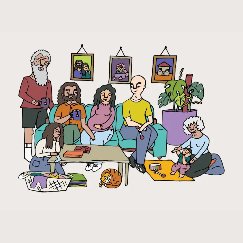 Illustration of a multigenerational family gathered in a living room, caring for children and sharing support across generations.