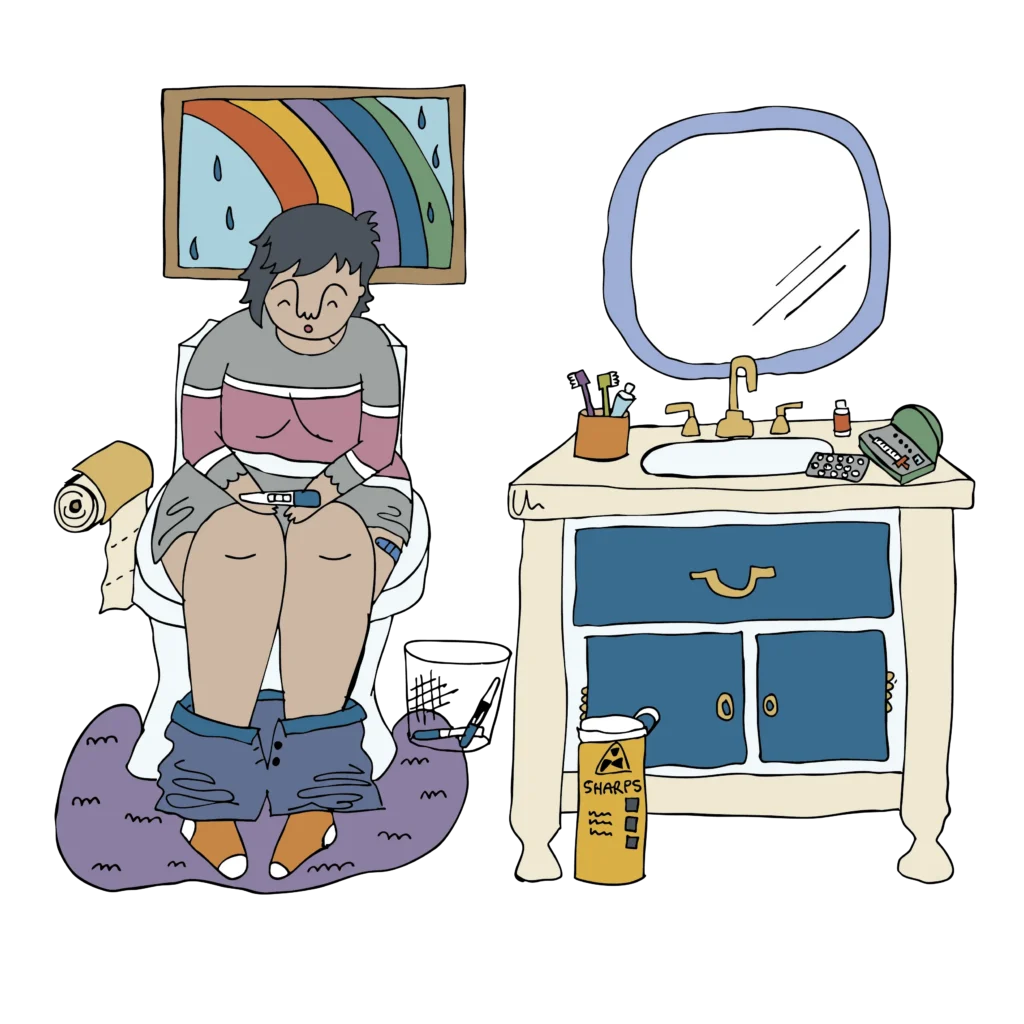 Illustration of a person taking a pregnancy test at home, representing fertility treatment, conception and IVF/reproductive health.