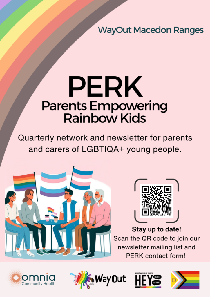 Promotional poster for PERK—Parents Empowering Rainbow Kids—for WayOut Macedon Ranges, with a pink background, a rainbow arc, group of diverse people at a table, a QR code on the right, and partner logos along the bottom.