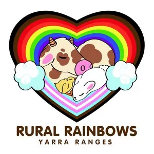 Rural Rainbows Yarra Ranges logo featuring a rainbow heart with three smiling cartoon animals cuddled together on clouds.