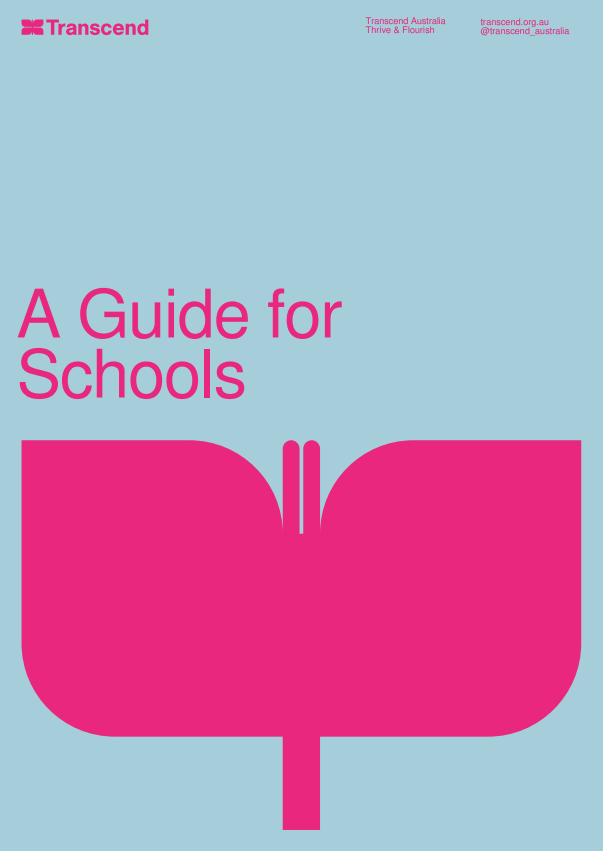 Cover of the Transcend Australia Guide for Schools, featuring bold pink text and a stylised open book graphic on a light blue background.