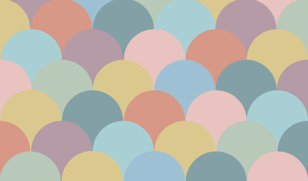Pattern of overlapping pastel semi-circles in soft rainbow-inspired colours including pink, blue, yellow, green, coral and lavender.