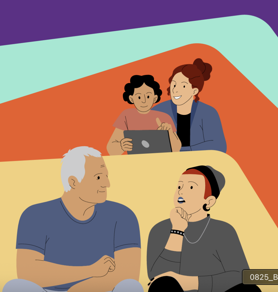 Illustration of four people across different generations connecting through conversation and technology, representing support, learning and community.