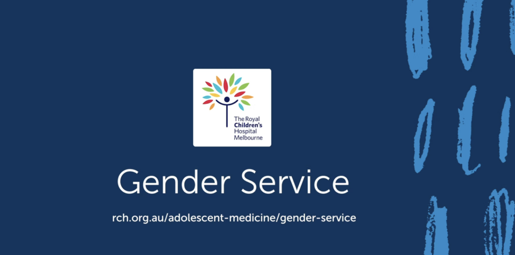 Royal Children's Hospital Melbourne logo with gender service headline and logo and blue graphic treatment.