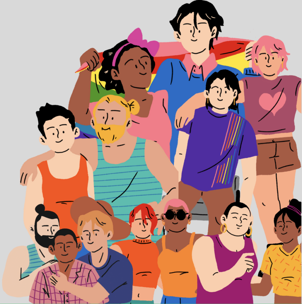 A diverse group of friends posing together for a photo in bright, casual clothing (cartoon illustration).