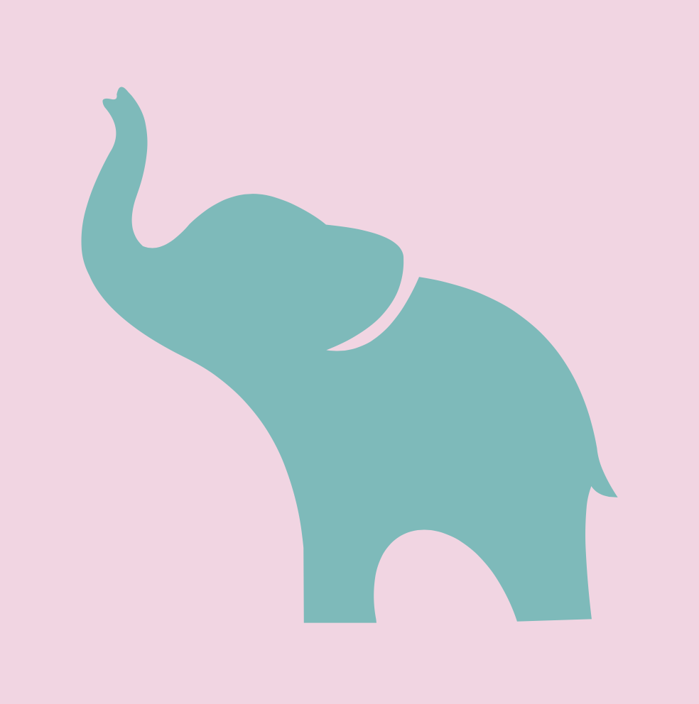 Simple teal silhouette of an elephant with its trunk raised, set against a soft pink background in a minimalist, flat illustration style.