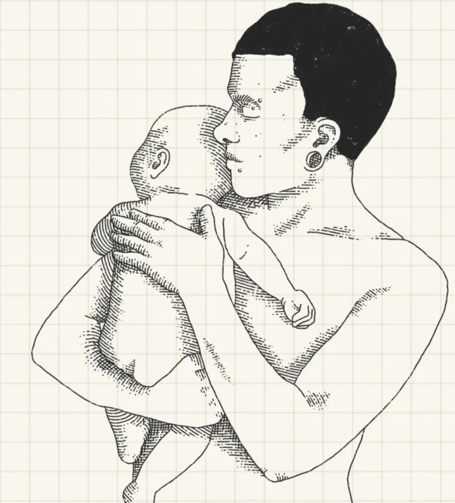 Illustration of a parent holding and kissing a baby, representing trans parenthood, family connection and pathways to parenthood.
