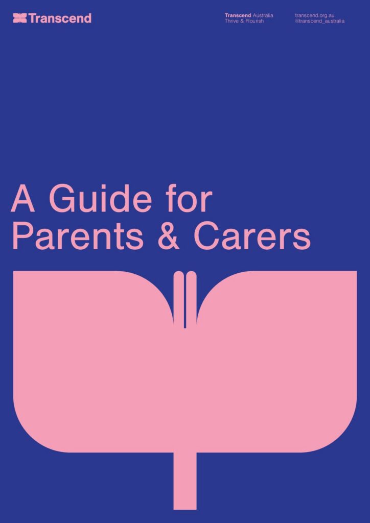 Cover of the Transcend Australia Guide for Parents and Carers, featuring bold pink text and a stylised open book graphic on a blue background.