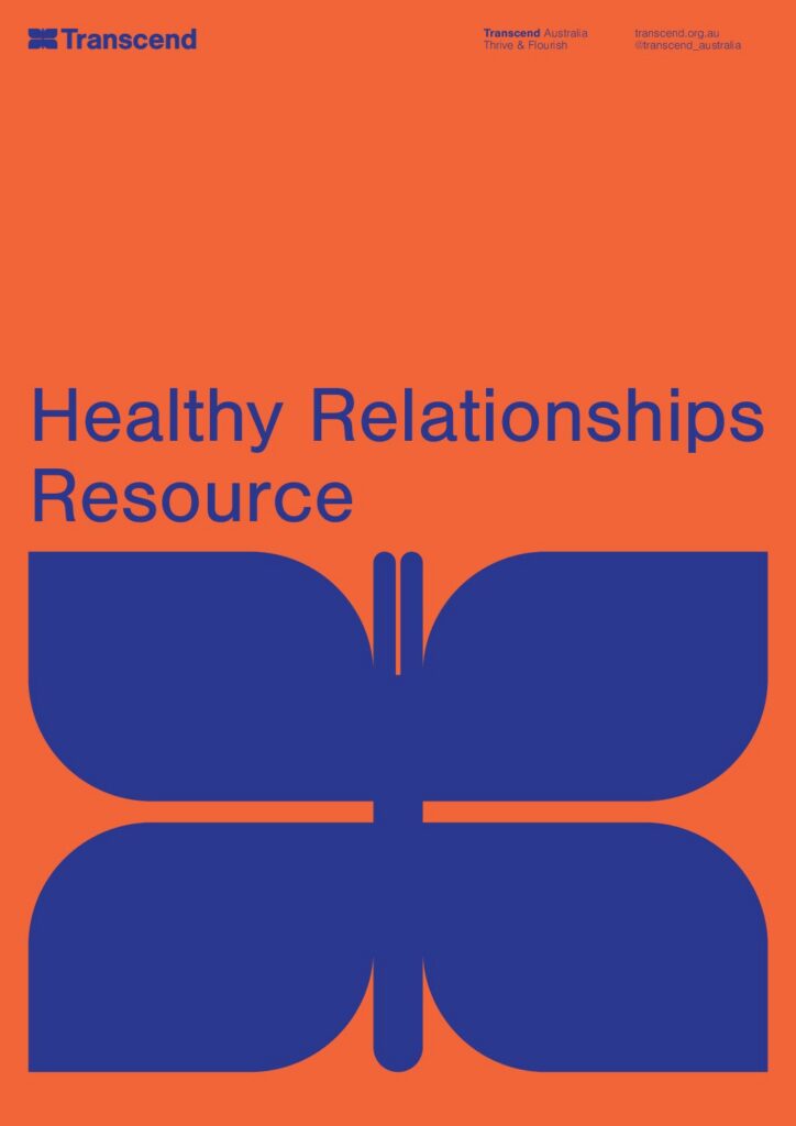 Cover of Transcend Australia's Healthy Relationships Resource for trans and gender diverse young people, featuring a blue butterfly graphic on an orange background.